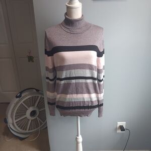Joseph A. Striped Turtleneck Sweater - Pink, Gray, Black